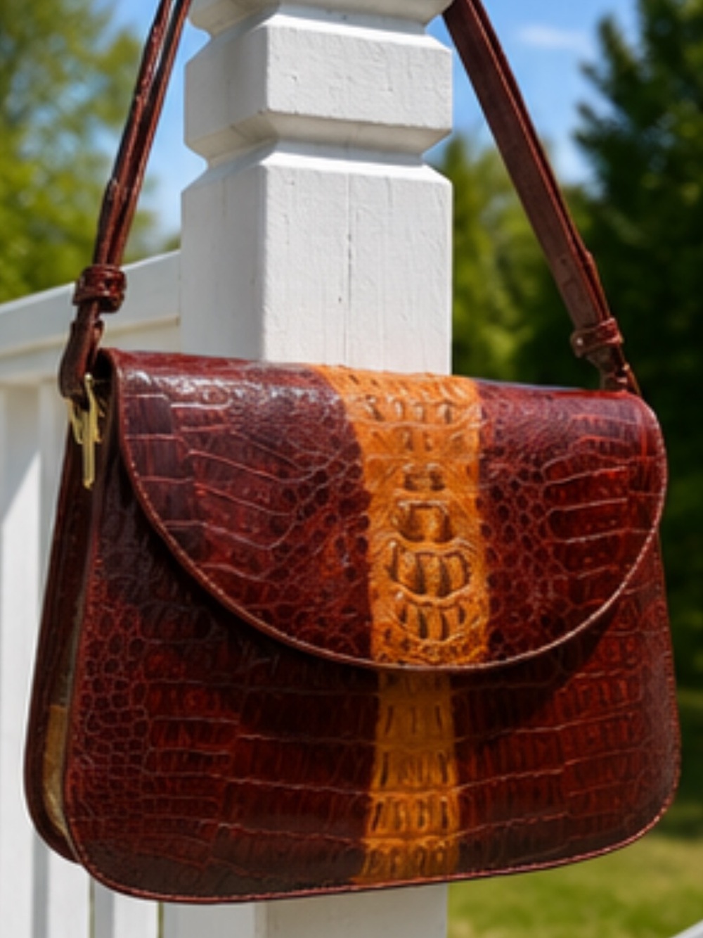 Late 1970s Genuine Crocodile Leather Shoulder Bag Brown Tan Color Block Vintage
